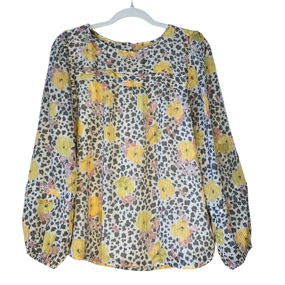 Loft creme yellow and pink floral and gray leopard long‎ sleeve blouse. Size M